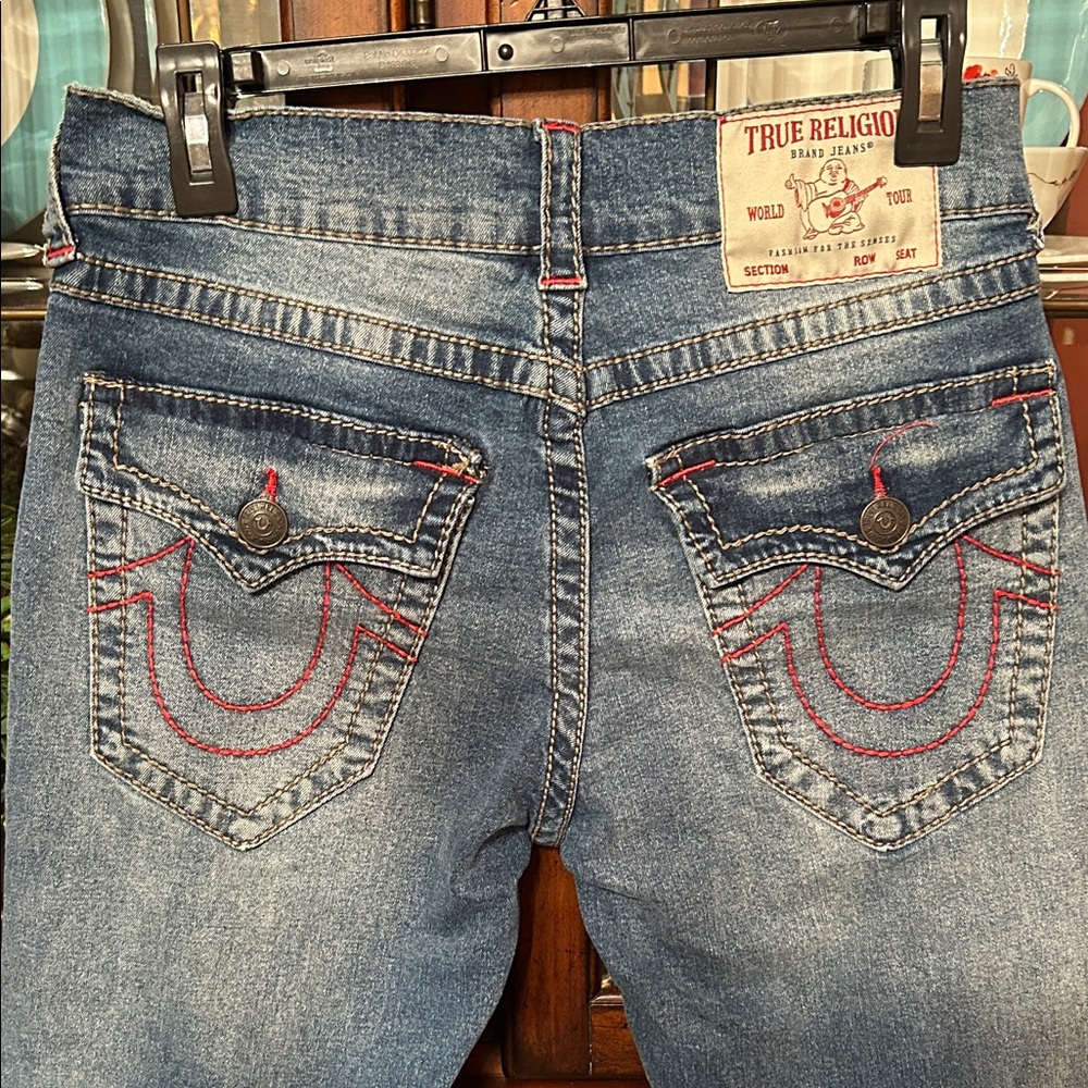 True Religion Men’s Light Blue Denim Jeans with Red Stitching